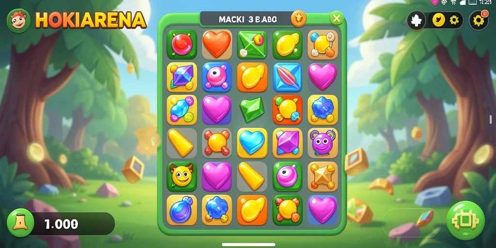 Tampilan gameplay seru HOKIARENA dengan kombinasi Match-3 yang menantang.