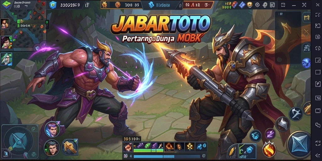 Screenshot gameplay JABARTOTO menampilkan pertarungan karakter di arena.