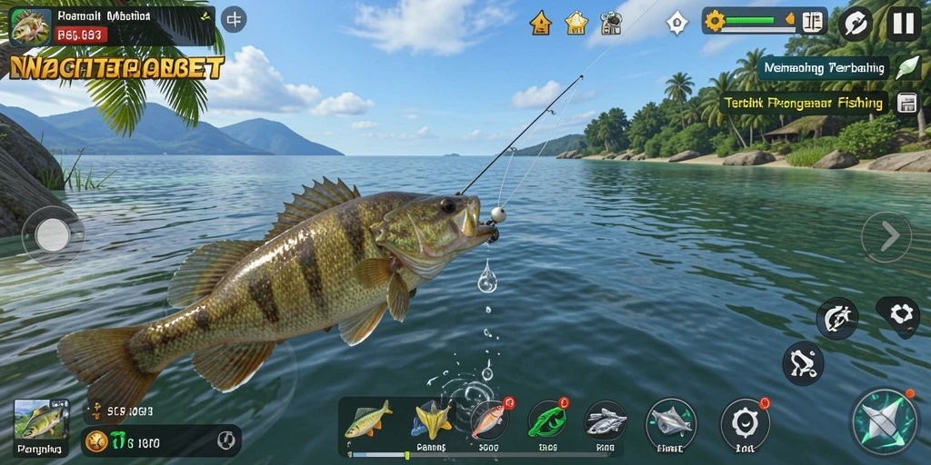 Screenshot NAGITABET menampilkan pemain saat memancing di danau yang indah.