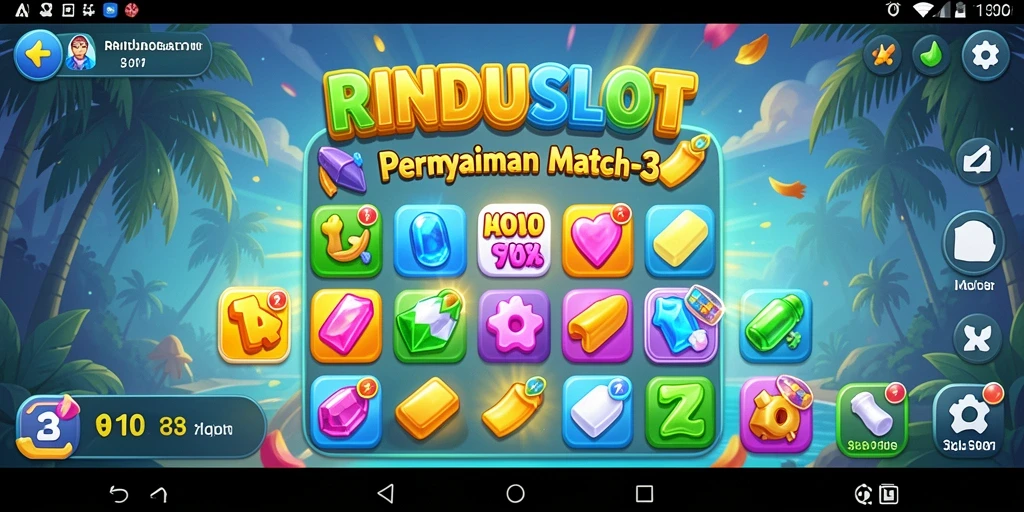 Tampilan screenshot utama RINDUSLOT menampilkan gameplay Match-3 yang seru.