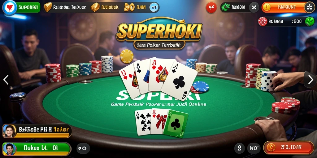 Screenshot gameplay SUPERHOKI yang menunjukkan aksi Poker yang mendebarkan.